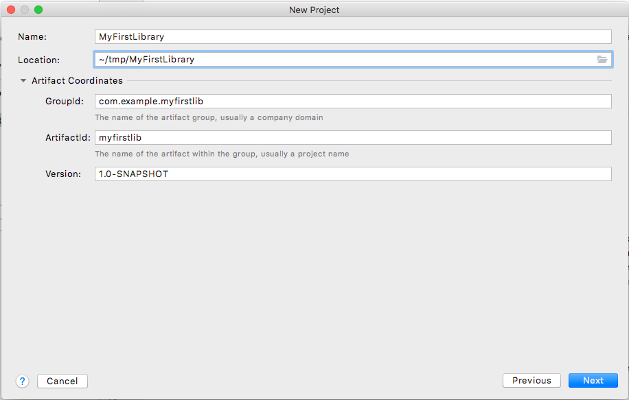 intellij new cn1lib project details form